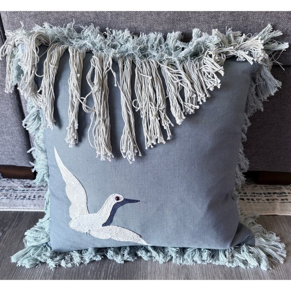 LOLOI Justina Blakeney blue beaded Egret bird embellished accent throw pillow